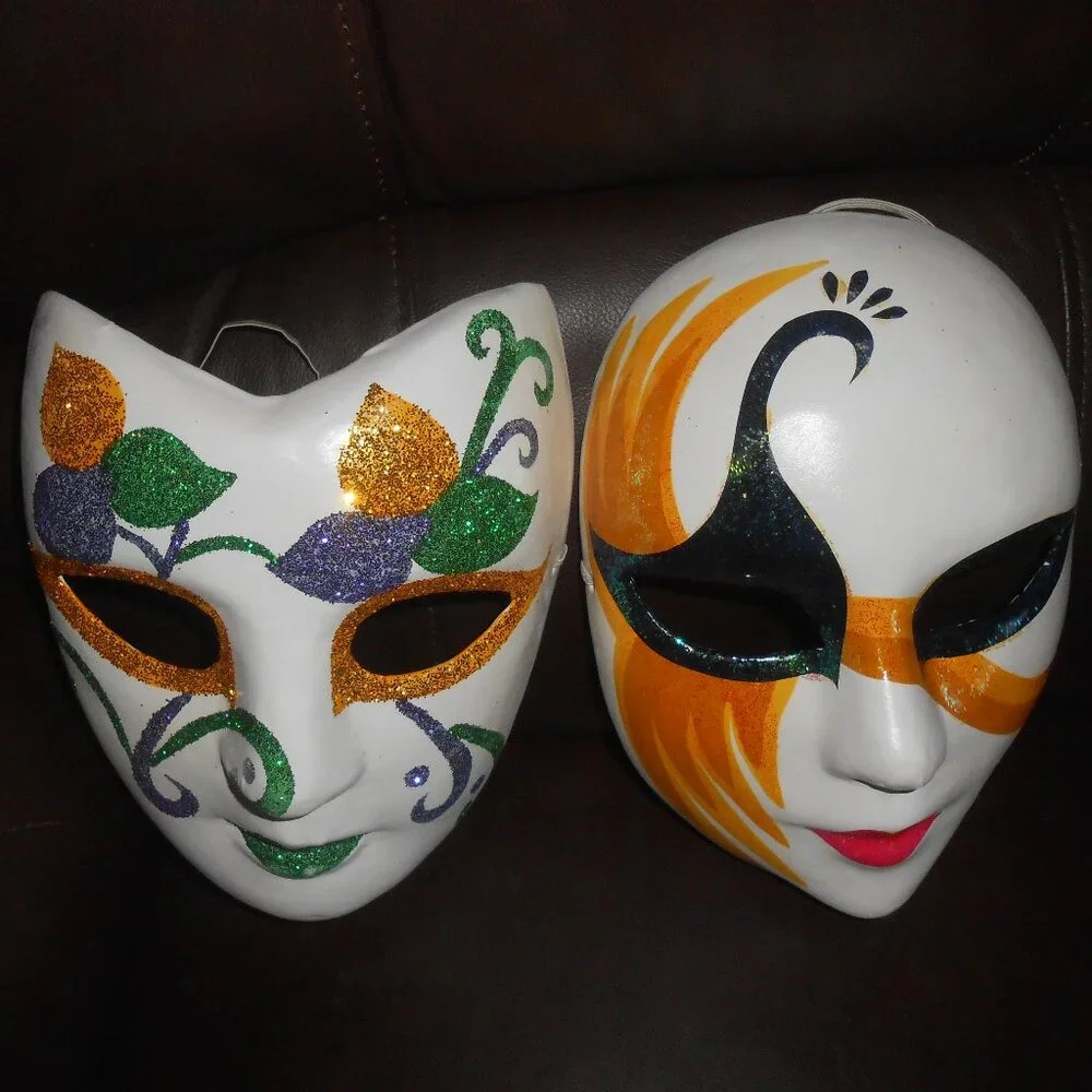 LOT 2 NEW PAPER MACHE GLITTER HALLOWEEN MARDI GRA MASKS FULL FACE ADULT